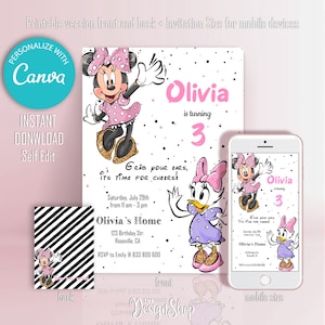 Invito di compleanno Minnie Mouse Paperina Rosa / Invito carino Minnie Daisy / Invito digitale Modifica e stampa a casa Invito di compleanno