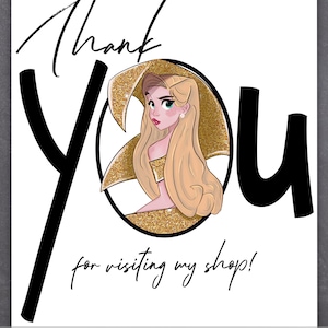Puede incluir: &iexcl;Gracias por visitar mi tienda! Una ilustraci&oacute;n de dibujos animados de una mujer con cabello rubio y un fondo de brillo dorado. El texto "The First Design Shop" est&aacute; en la parte inferior de la imagen.