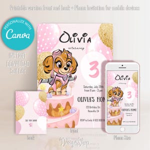 Editable Birthday Paw Invitation | Editable dog Invite| Girls Pink Gold Paw Birthday invite | Digital Template | Instant Download
