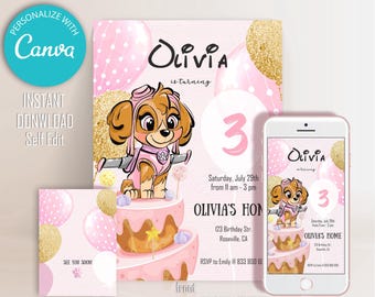 Pink & Gold Paw Birthday Invitation: Editable Dog Party Template (Digital Download)