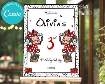 Letrero rojo de bienvenida de cumpleaños de Minnie Mouse: Decoración editable para fiestas (descarga digital)