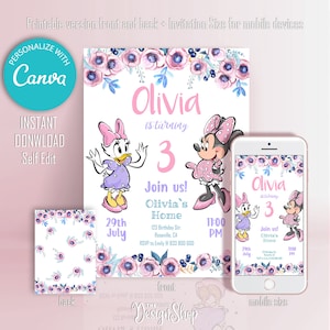 Faire-part d'anniversaire Minnie Mouse, fleurs Minnie Mouse et Daisy Duck, invitation d'anniversaire numérique, personnalisé, imprimable