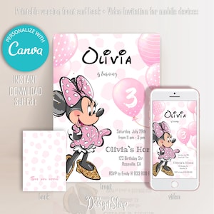Minnie Mouse Birthday Invitation | Pink Balloon Gold Standing Minnie Invitation | Simple Design |  Digital invitation | Edit Print at Home