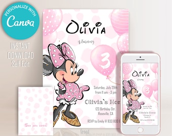 Pink Minnie Mouse Birthday Invitation: Gold Balloons (Digital Invitation)
