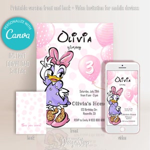 Invito di compleanno di Paperina / Invito di Paperina con palloncino rosa / Design semplice / Invito digitale per feste / Modifica e stampa a casa