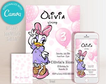 Daisy Duck Birthday Invitation: Pink Balloons, Editable Design (Digital)