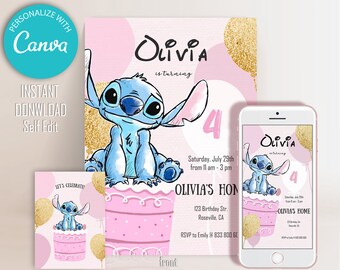 Pink Stitch Birthday Invitation: Editable Template (Digital Download)