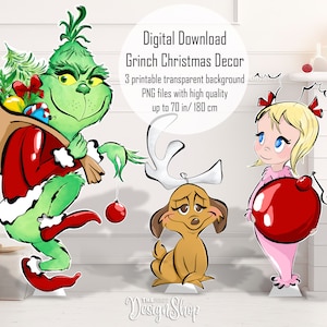 Personagens de Natal do Grinch Roubando PNG | Grinch Max Cindy Lou | Decoração de Figuras de Whoville | Pacote com 3 PNG para Decoração de Jardim | Download Digital
