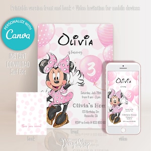 Minnie Mouse-verjaardagsuitnodiging | Roze ballon Minnie Mouse-uitnodiging | Eenvoudig ontwerp |  Digitale uitnodiging | Thuis bewerken en afdrukken