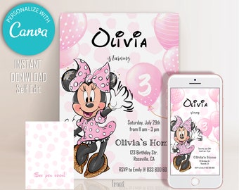 Minnie Mouse Birthday Invitation | Pink Balloon Minnie Mouse Invite | Simple Design |  Digital invitation | Edit and Print at Home