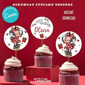 Red Minnie Mouse Birthday Decoration | Beautiful Minnie Mouse Tags |Vintage Look Minnie Red Gold cupcake Topper | Edit and Print Decor