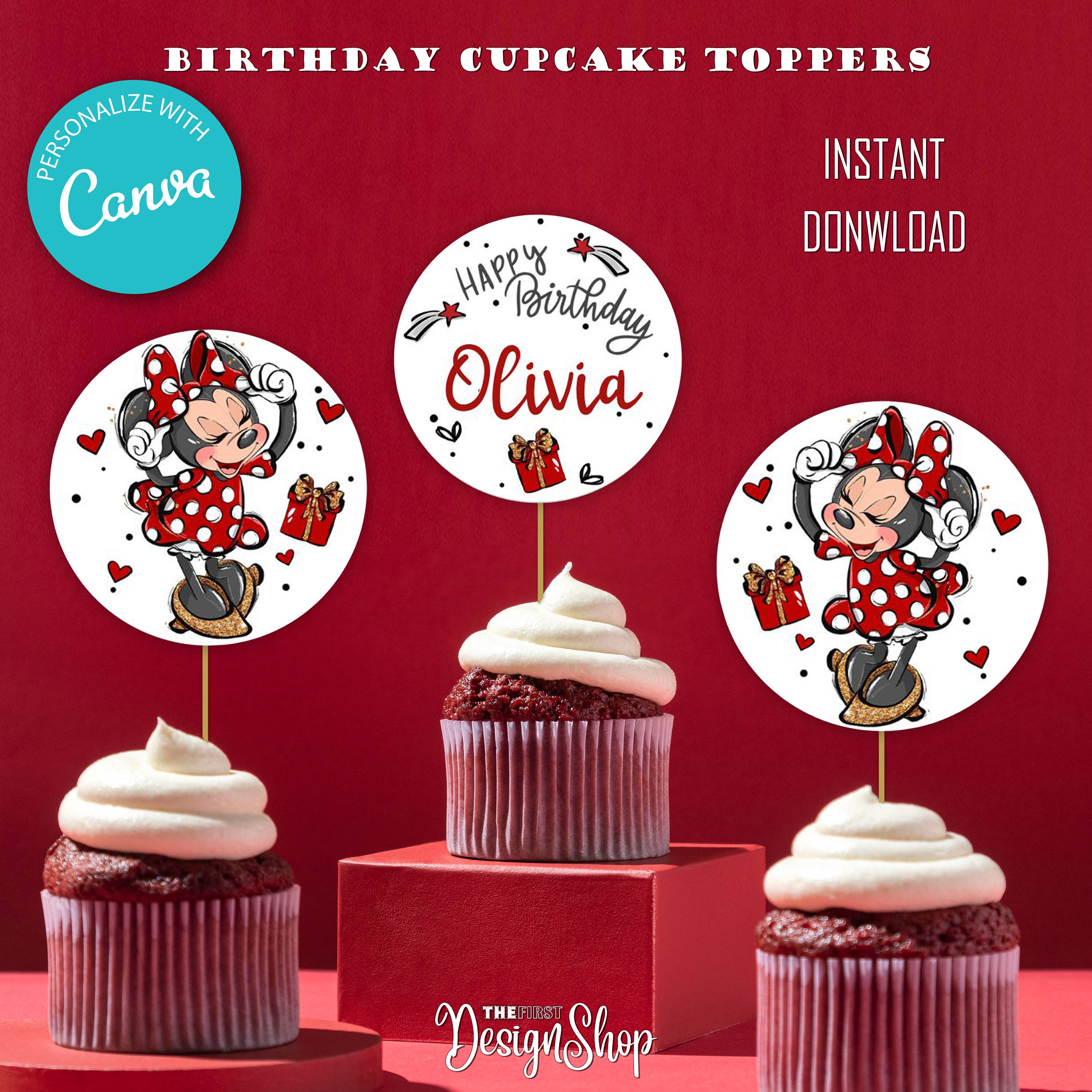 Red Minnie Mouse Birthday Decoration | Beautiful Minnie Mouse Tags |Vintage Look Minnie Red Gold cupcake Topper | Edit and Print Decor
