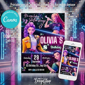 K&ouml;nnte beinhalten: Eine digitale Geburtstagseinladung mit animierten Charakteren. Die Einladung enth&auml;lt den Text "OLIVIA'S 8th Birthday" und Veranstaltungsdetails. Ein Smartphone zeigt das Einladungsdesign. Die Einladung ist als 12,7 x 17,78 cm Druckversion verf&uuml;gbar.