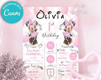 Minnie Mouse First Birthday Milestone Sign: Pink Balloons (Editable Template)