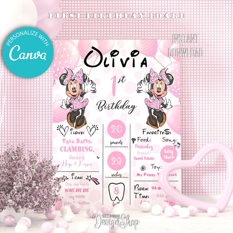 May include: A pink and white printable first birthday board featuring a Minnie Mouse character, balloons, and a checklist of milestones for a baby girl named Olivia. The board includes information such as weight, height, favourite foods, and things the baby can do.