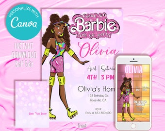Rainbow Glitter Girl Birthday Invitation | Black Afro Doll (Digital)