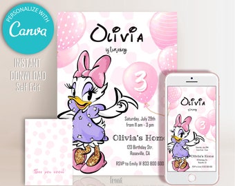 Pink Daisy Duck Birthday Invitation |Pink Balloons Daisy Duck Invite | Simple Design |  Digital invitation | Edit and Print at Home