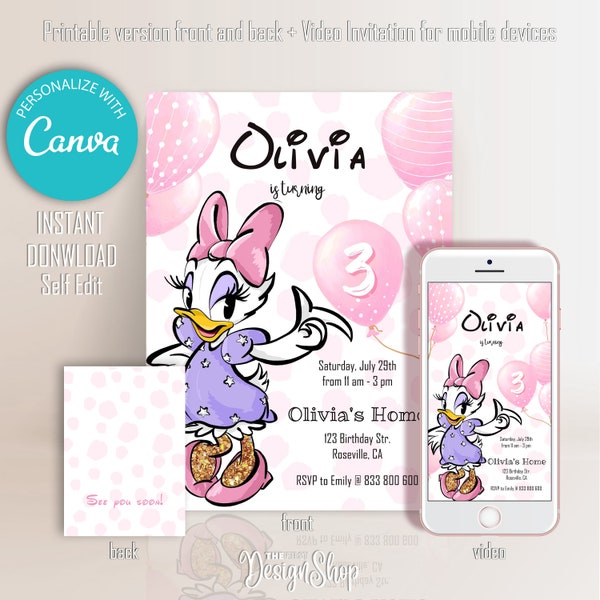 Pink Daisy Duck Birthday Invitation |Pink Balloons Daisy Duck Invite | Simple Design |  Digital invitation | Edit and Print at Home