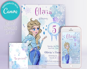 Elsa Frozen Birthday Invitation: Winter Snow Theme (Digital Download)