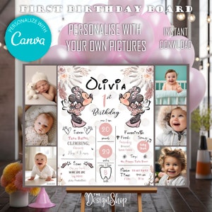 Boho Minnie Mouse erster Geburtstag Meilenstein Zeichen bearbeitbare Vorlage mit benutzerdefinierten Bildern | Minnie Blush Pink Gold Board Poster Party Dekor
