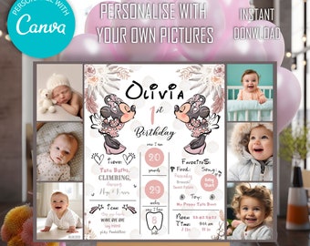 Boho Minnie Mouse First Birthday Milestone Sign: Editable Template (Digital Download)