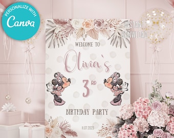 Letrero de bienvenida de cumpleaños de Minnie Mouse estilo bohemio: Decoración de fiesta editable (descarga digital)