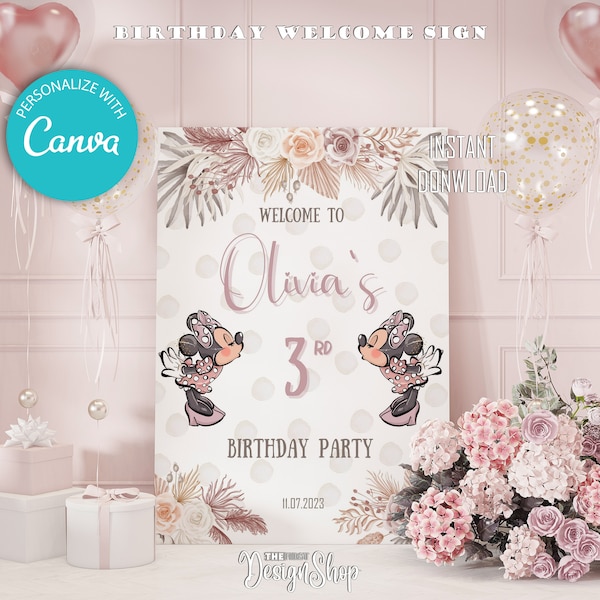 Boho Minnie Mouse Birthday Welcome Sign Editable  | Bohemian Minnie Mouse Printable Sign | Printable Party Decor Instant | Edit and Print