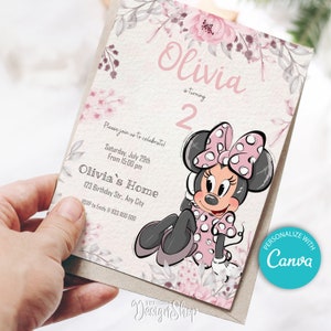 Zaproszenie urodzinowe Myszki Minnie | Zaproszenie Myszki Minnie w różowym kwiecie | Prosty projekt | Zaproszenie cyfrowe | Edytuj i drukuj w domu