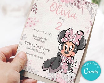 Pink Minnie Mouse Birthday Invitation: Floral Design (Digital)