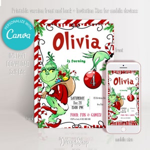 Grinchmas Geburtstag druckbare Einladung | Grinch Geburtstagseinladung | Weihnachten Mädchen Geburtstag | Weihnachten Junge Geburtstag | Zuhause ausdrucken