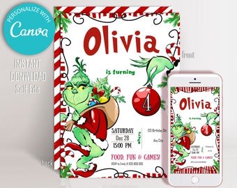 Grinch Birthday Invitation: Christmas Theme, Printable Party Decor (Digital Download)