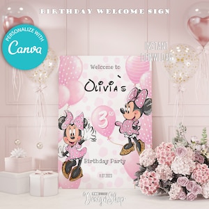 Minnie Maus Geburtstag Willkommensschild: Pinke Luftballons (Digitaler Download)