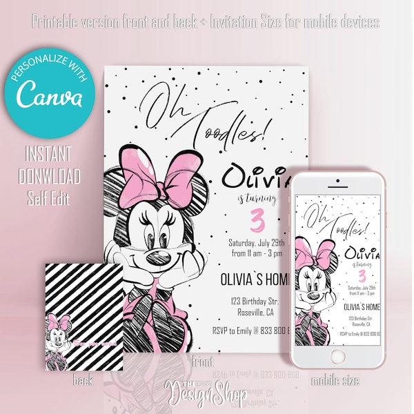 Minnie Mouse Birthday Invitation |  Minnie Mouse Simple Design Invitation |  Digital invitation | Edit and Print at Home Birthday Invite