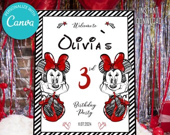 Letrero rojo de bienvenida de cumpleaños de Minnie Mouse: Decoración editable para fiestas (descarga digital)