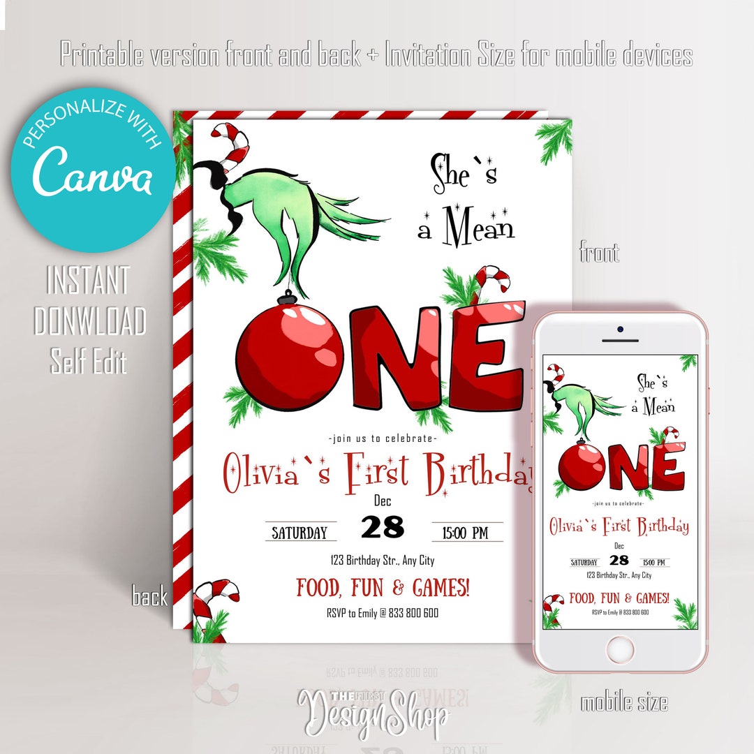 She's a Mean One First Birthday Grinch Printable Invitation He's a Mean One First Birthday