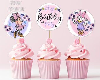 Minnie Maus und Daisy Duck Cupcake Topper | Minnie und Gänseblümchen Geburtstag Party Dekor | Blumen Cake Topper | Print at Home Birthday Party Decor