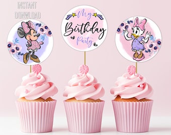 Minnie Mouse and Daisy Duck Cupcake Topper | Minnie And Daisy Birthday Party Decor | Floral Cake Topper | Print at Home Birthday Party Decor