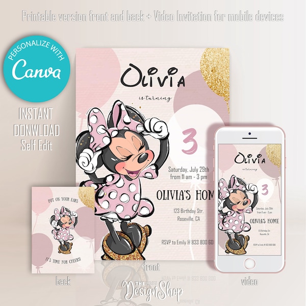 Minnie Mouse Birthday Invitation Editable | Pink Gold Minnie Birthday | Vintage Look Minnie Blush Pink Gold Invite | Instant Download
