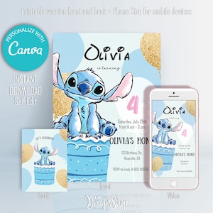 Invitación de cumpleaños de Stitch / Invitación de globo azul de Stitch / Invitación de pastel de cumpleaños de Stitch / Descarga instantánea, edita e imprime en casa