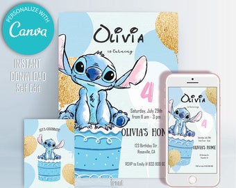 Blue Stitch Birthday Invitation: Editable Template (Digital Download)