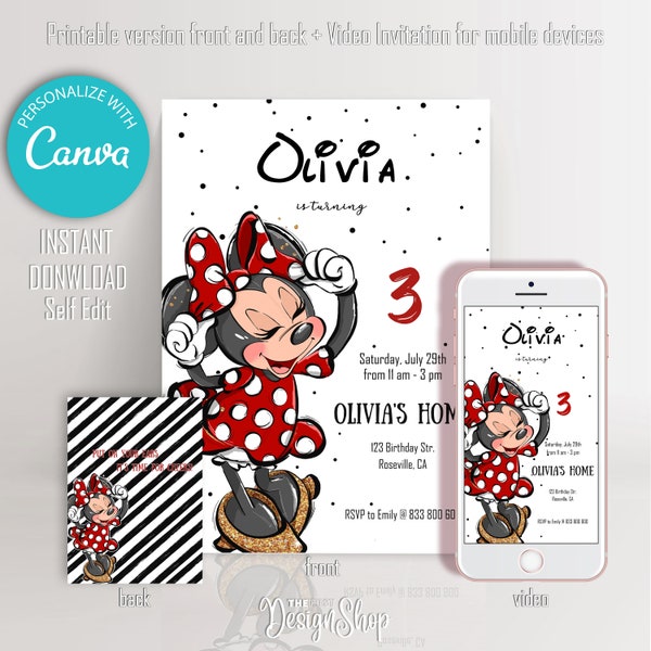Minnie Mouse Birthday Invitation: Red, Black, and Gold (Instant Download)