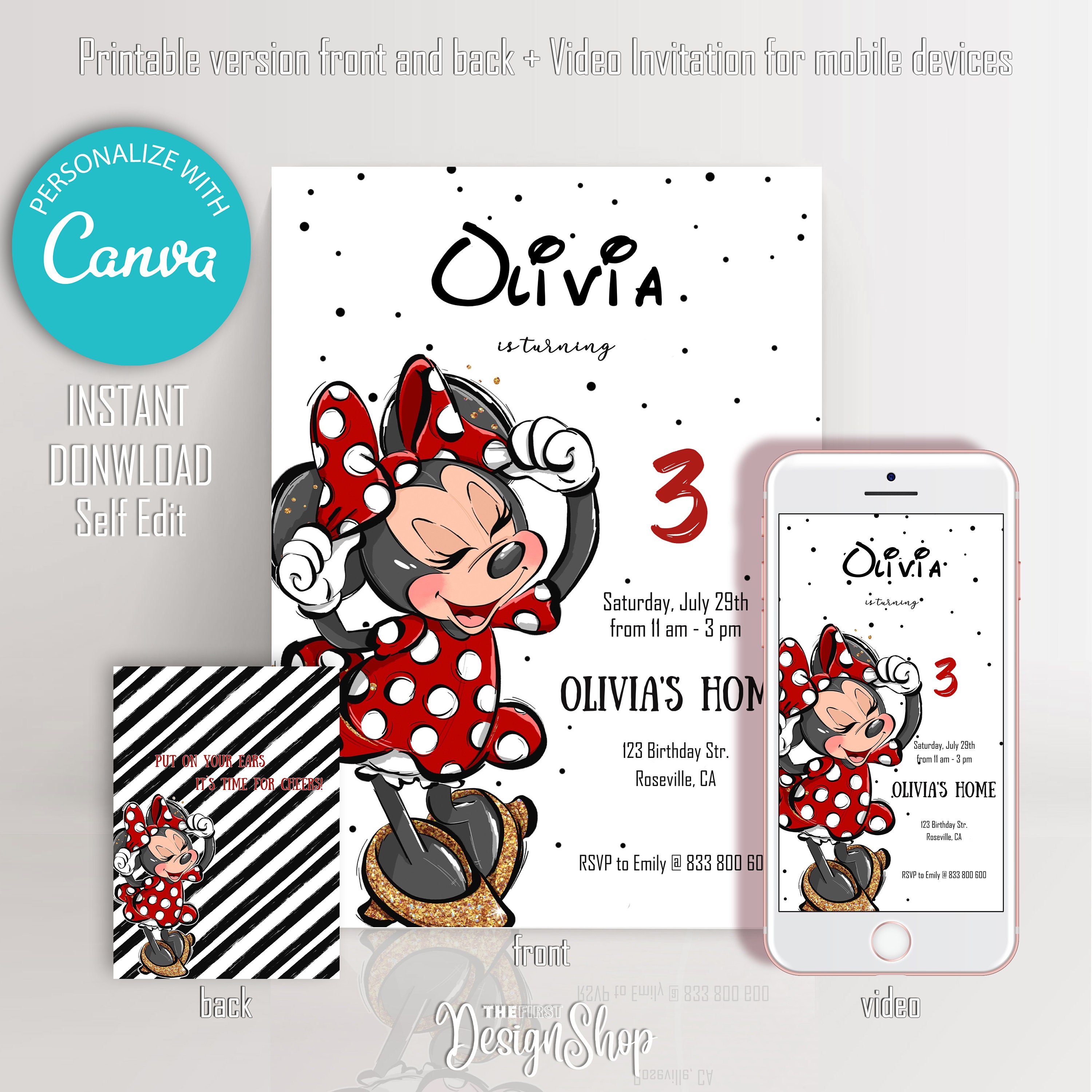 Coolboss Red minnie mouse Birthday Invitation Template, Kids Phone  Invitation, Electronic Invite, Invite : : Toys & Games