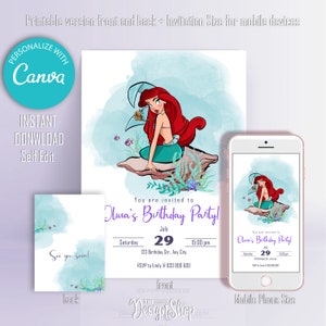 INSTANT DOWNLOAD | The Little Mermaid Invitation | Ariel Birthday Invitation | Little Mermaid Birthday Party Invite | Little Mermaid Canva