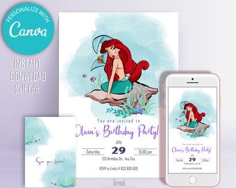 Ariel Birthday Invitation: Little Mermaid Party, Editable Canva (Digital Download)