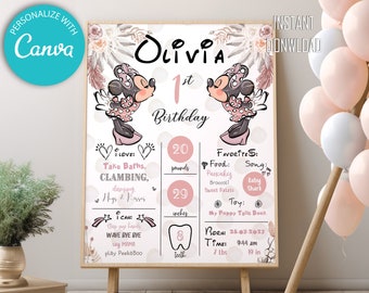 Boho Minnie Mouse First Birthday Milestone Sign: Editable Template (Digital Download)