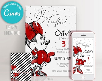 Red Minnie Mouse Birthday Invitation: Simple Sketch Design (Digital Download)