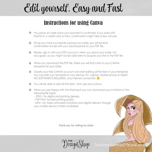 Puede incluir: Instrucciones para usar Canva para editar una plantilla de invitaci&oacute;n imprimible. El texto explica c&oacute;mo descargar la plantilla, editarla y guardarla en diferentes formatos de archivo. La imagen presenta una ilustraci&oacute;n de dibujos animados de una mujer con un vestido dorado.