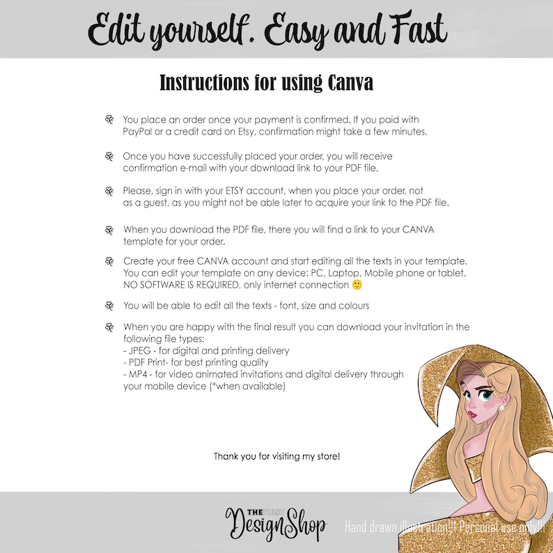 Puede incluir: Instrucciones para usar Canva para editar una plantilla de invitaci&oacute;n imprimible. El texto explica c&oacute;mo descargar la plantilla, editarla y guardarla en diferentes formatos de archivo. La imagen presenta una ilustraci&oacute;n de dibujos animados de una mujer con un vestido dorado.