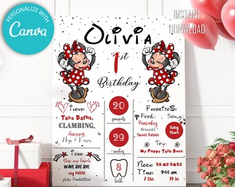 Minnie Mouse First Birthday Milestone Sign: Red Vintage Look (Digital Download)