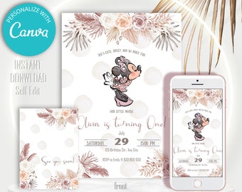 Boho Minnie Mouse Birthday Invitation Editable | Bohemian Minnie Birthday | Floral Leaves Minnie Blush Pink Gold Invite | Instant Download